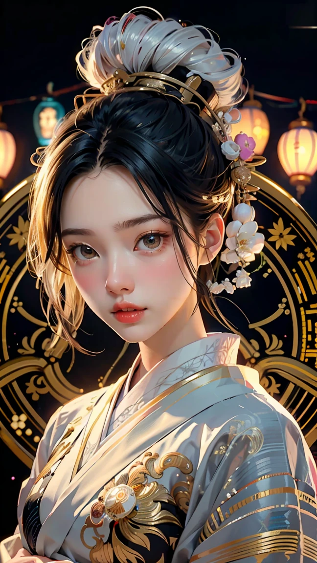 A portrait photograph of mid-twenties Japanese female android made of white and silver transparent glass and plastic, geisha makeup, black hairstyle, silver and gold metal internal body mechanisms, dynamic pose, flowing organic construction, detailed engraving, lacework designs, glowing golden circuitry, colorful neon trim, detailed engraving, lacework designs, glowing circuitry, neon trim, art by H.R. Giger, Greg Rutowski