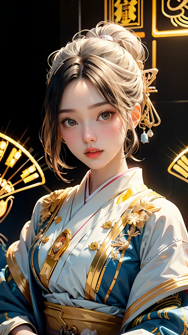 A portrait photograph of mid-twenties Japanese female android made of white and silver transparent glass and plastic, geisha makeup, black hairstyle, silver and gold metal internal body mechanisms, dynamic pose, flowing organic construction, detailed engraving, lacework designs, glowing golden circuitry, colorful neon trim, detailed engraving, lacework designs, glowing circuitry, neon trim, art by H.R. Giger, Greg Rutowski
