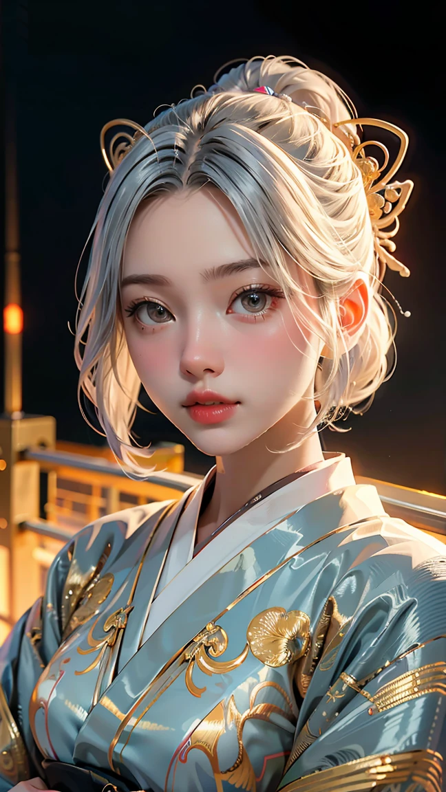 A portrait photograph of mid-twenties Japanese female android made of white and silver transparent glass and plastic, geisha makeup, black hairstyle, silver and gold metal internal body mechanisms, dynamic pose, flowing organic construction, detailed engraving, lacework designs, glowing golden circuitry, colorful neon trim, detailed engraving, lacework designs, glowing circuitry, neon trim, art by H.R. Giger, Greg Rutowski