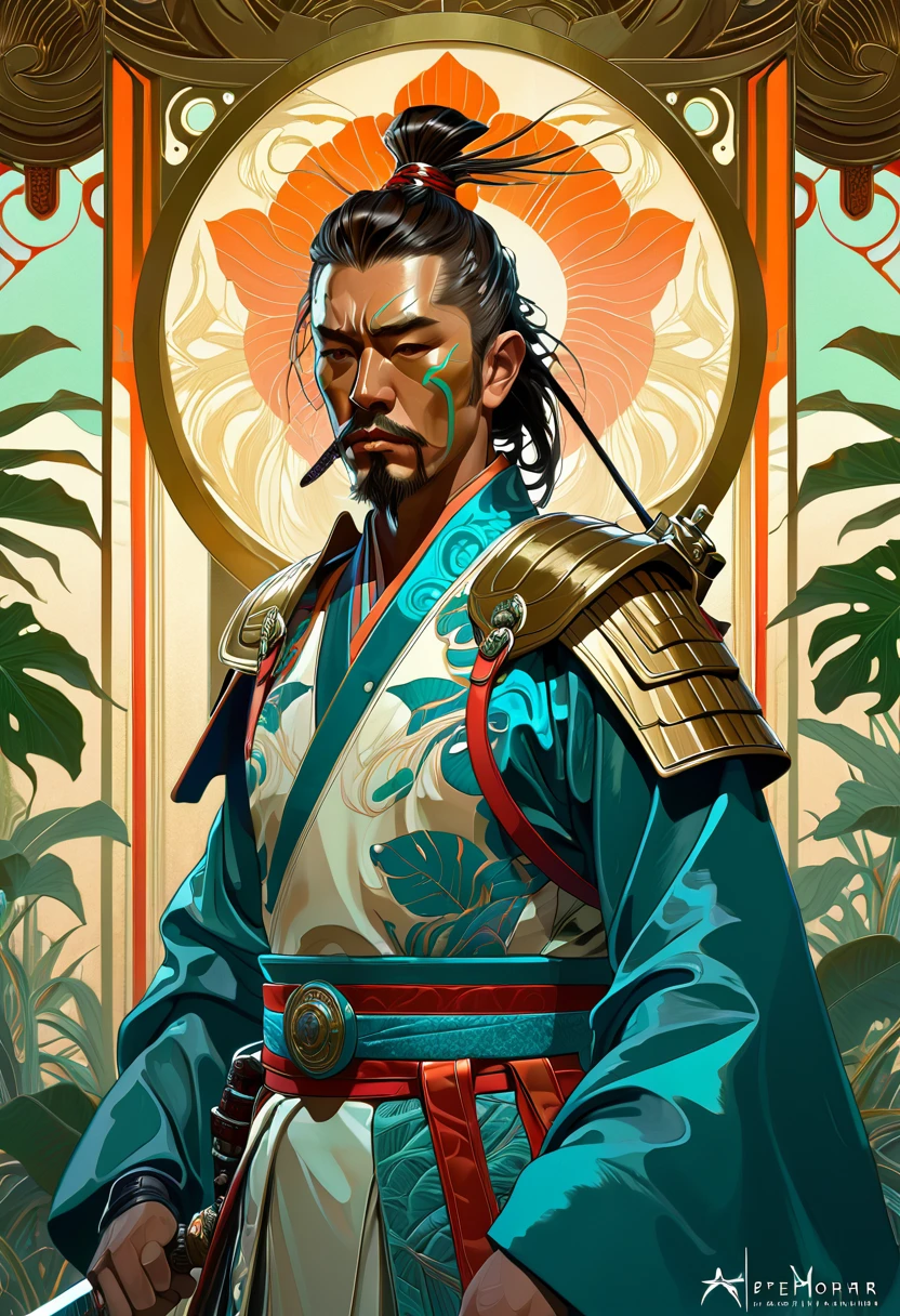 The Warlord, cyberpunk samurai warrior, tropical, polycarbonne portrait, portrait, hyper realistic, high resolution detailed, cinematic, epic, art nouveau, ornate, elegant, luxury, elite, by Peter Mohrbacher, Alphonse Mucha.  --h 1152 --w 2048