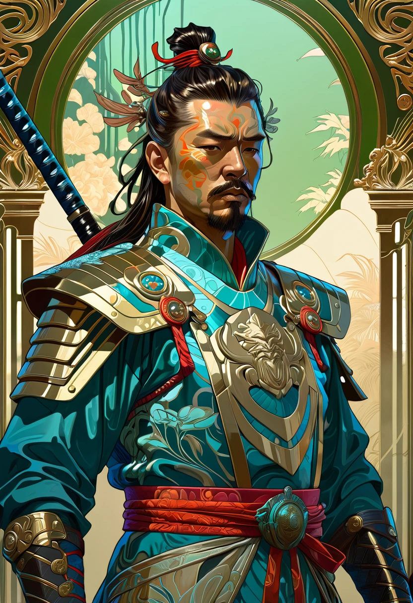 The Warlord, cyberpunk samurai warrior, tropical, polycarbonne portrait, portrait, hyper realistic, high resolution detailed, cinematic, epic, art nouveau, ornate, elegant, luxury, elite, by Peter Mohrbacher, Alphonse Mucha.  --h 1152 --w 2048