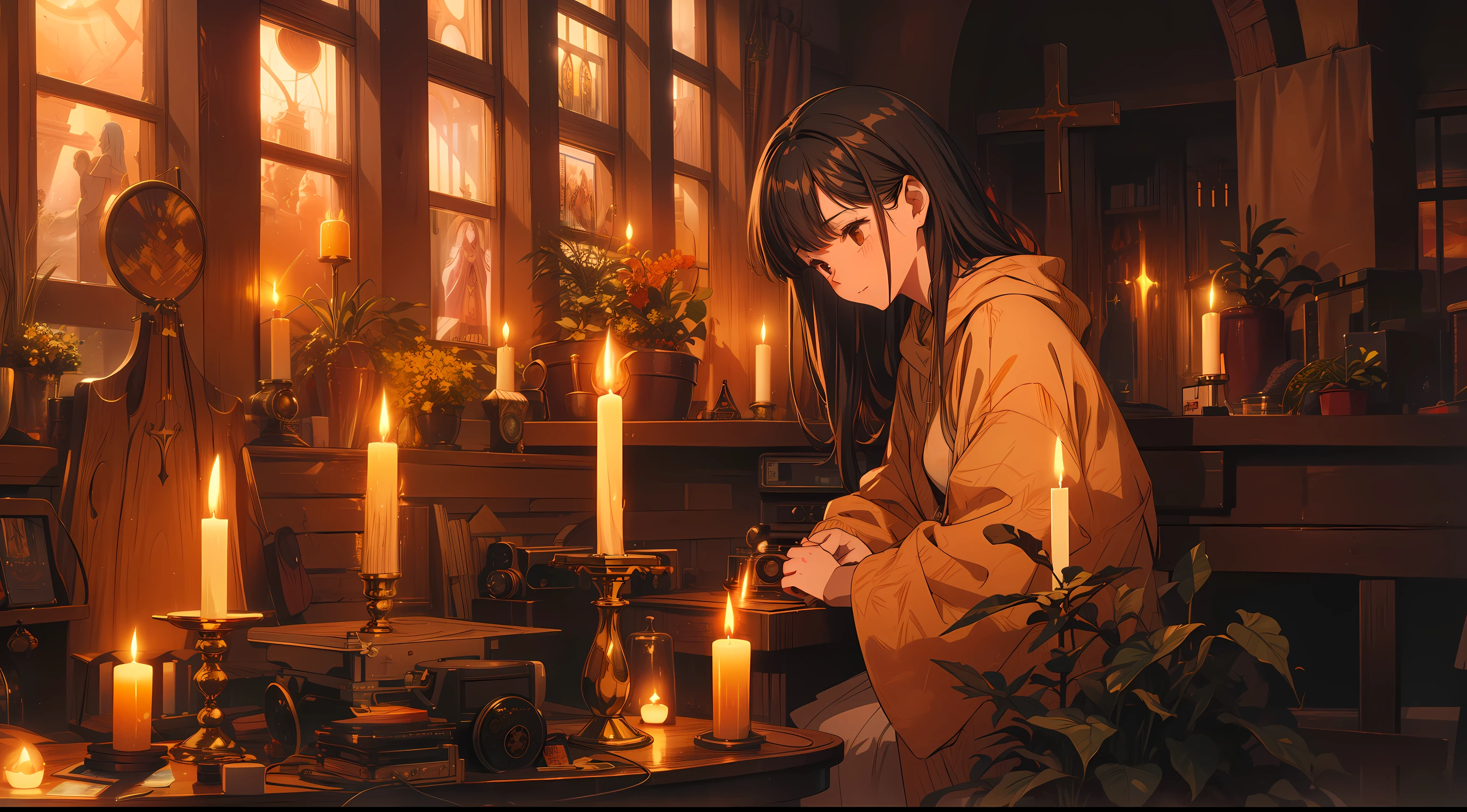 masterpiece, best quality, high quality, detailed, ultra detailed, hyper detailed, insanely detailed, exquisite, beautiful, FHD, Full-HD, 4K, 8K, 16K, highres, absurdres, A serene and peaceful night scene in a small, cozy church setting. 1girl,The interior is softly lit by candlelight, creating warm, ambient lighting. A simple wooden cross is visible in the background, with light rays softly shining down on it. The atmosphere feels sacred and comforting, with subtle hints of lo-fi elements like a vintage record player or soft vinyl textures. The overall color palette features warm browns, deep oranges, and gentle golden hues, creating a tranquil and soulful mood.