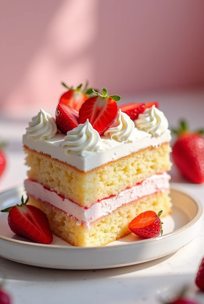 Three-milk cake portion decorated with cream and strawberries