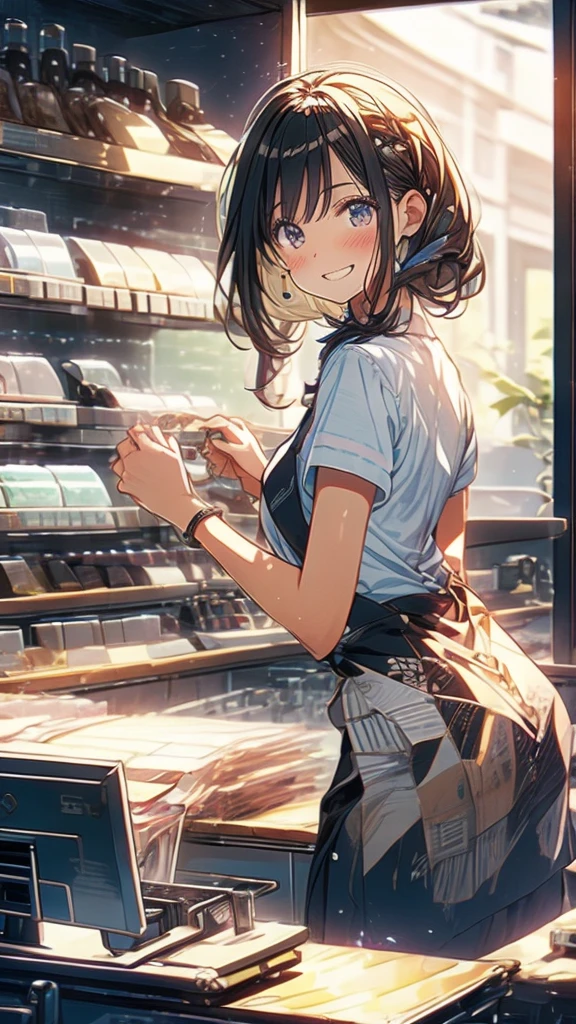 young woman,smile,((Standing inside the cash register)),Touching the cash register machine,Customer Service,((There is a cash register on the table)),(Scanning product barcodes at the cash register)),Supermarket clerk,Wearing an apron,uniform,((Working as a cashier)),((Cashier)),((cashier,register,)),((Receive money from customers)),There are products on the shelves,In the supermarket,Bright interior,grocery store