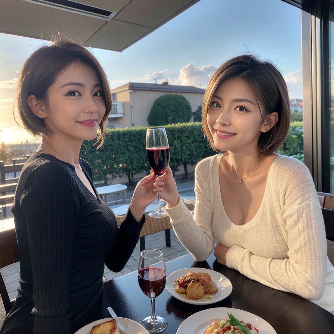 (Realistic:1.1),(masterpiece,Highest quality),8k,(49 years old), 53 years old, ベリーslimボディ、slimカップル、Tight waist,Upper Body,full-course dinner、wine 、Amazing view of the sunset sky and clouds、Perfect Anatomy, Brown Hair, short hair,Random Hairstyles,((Highly detailed face and eyes:1.2)),Perfect golden ratio face,Long sleeve shirt、dress,(smile:1.2)、Shortcuts、cute、(Realistic, Intricate details:1.2), A bright smile、short hair,Bright Face、赤wine 、Appetizers、Italian food、wine bottle、Champagne、スパークリングwine、(slimな顔), (The body is slim), (Brown Hair), (Shortcuts), Upper Body, 白wine, slim, wineグラス,