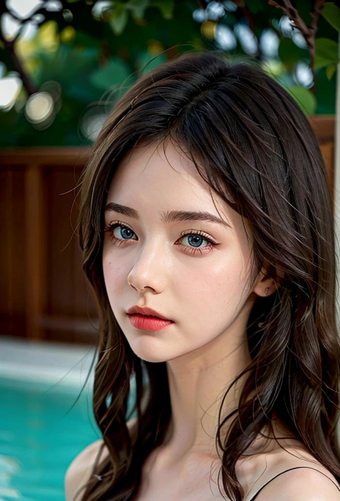 (Beautiful woman with wet hair in swimming pool_delicate eyes, nose, mouth), (Close up angle_검은색 수영복을 mouth고 넓은 테라스에서 여유로운 시간을 보내는 모습), The interior is quiet and peaceful with bright movie lighting. . surreal, realistic detailed, best quality, high quality, detailed, masterpiece, 8k,