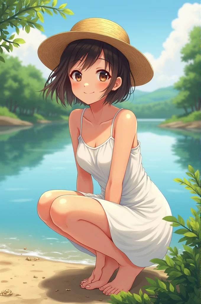 A tanned girl wearing a white dress with short hair and a straw hat is squatting by the river and smiling at the camera.