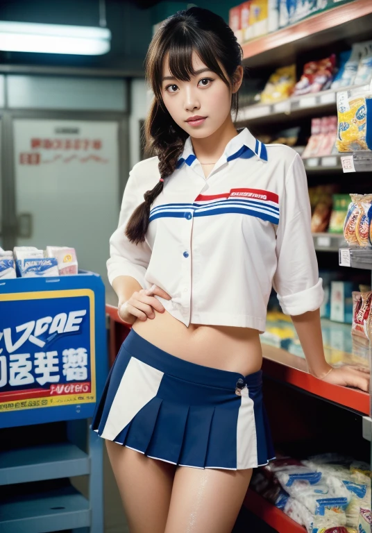 (masterpiece: 1.3), (8k, Realistic, RAW Photos, Highest quality: 1.4), A beautiful 20-year-old Japanese woman working at a convenience store, (Random Hairstyles: 1.2), Ultra Detail Face, Eye on the details, double eyelid, Sharp focus: 1.2, Beautiful woman: 1.4, Light brown hair, Highest quality, masterpiece, Ultra-high resolution, (Realistic: 1.4), Ahegao, Shining Sweat, Camel Toe。Shining Sweat, thin, Serious expression, Camel Toe。(A uniform with blue and white stripes)、(Inside a Japan convenience store、LAWSON, Slim legs, Slim thighs, Cowboy Shot, Shot with Hasselblad, Cinematic lighting, (((Perfect beauty))), mini skirt、