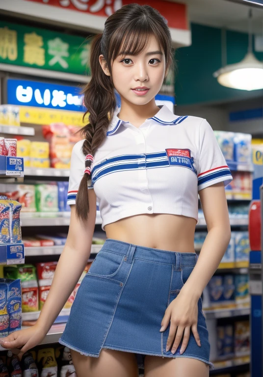 (masterpiece: 1.3), (8k, Realistic, RAW Photos, Highest quality: 1.4), A beautiful 20-year-old Japanese woman working at a convenience store, (Random Hairstyles: 1.2), Ultra Detail Face, Eye on the details, double eyelid, Sharp focus: 1.2, Beautiful woman: 1.4, Light brown hair, Highest quality, masterpiece, Ultra-high resolution, (Realistic: 1.4), Ahegao, Shining Sweat, 。Shining Sweat, thin, Serious expression, Camel Toerm with blue and white stripes)、(Inside a Japan convenience store、LAWSON, Slim legs, Slim thighs, Cowboy Shot, Shot with Hasselblad, Cinematic lighting, (((Perfect beauty))), mini skirt、