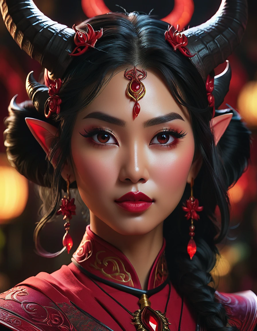 a beautiful busty asian tiefling woman, intricate detailed portrait, flawless skin, obsidian ruby eyes, long eyelashes, full lips, delicate facial features, horns, fantasy character, digital painting, octane render, hyper realistic, 8k, photorealistic, cinematic lighting, dramatic colors, chiaroscuro, dramatic pose