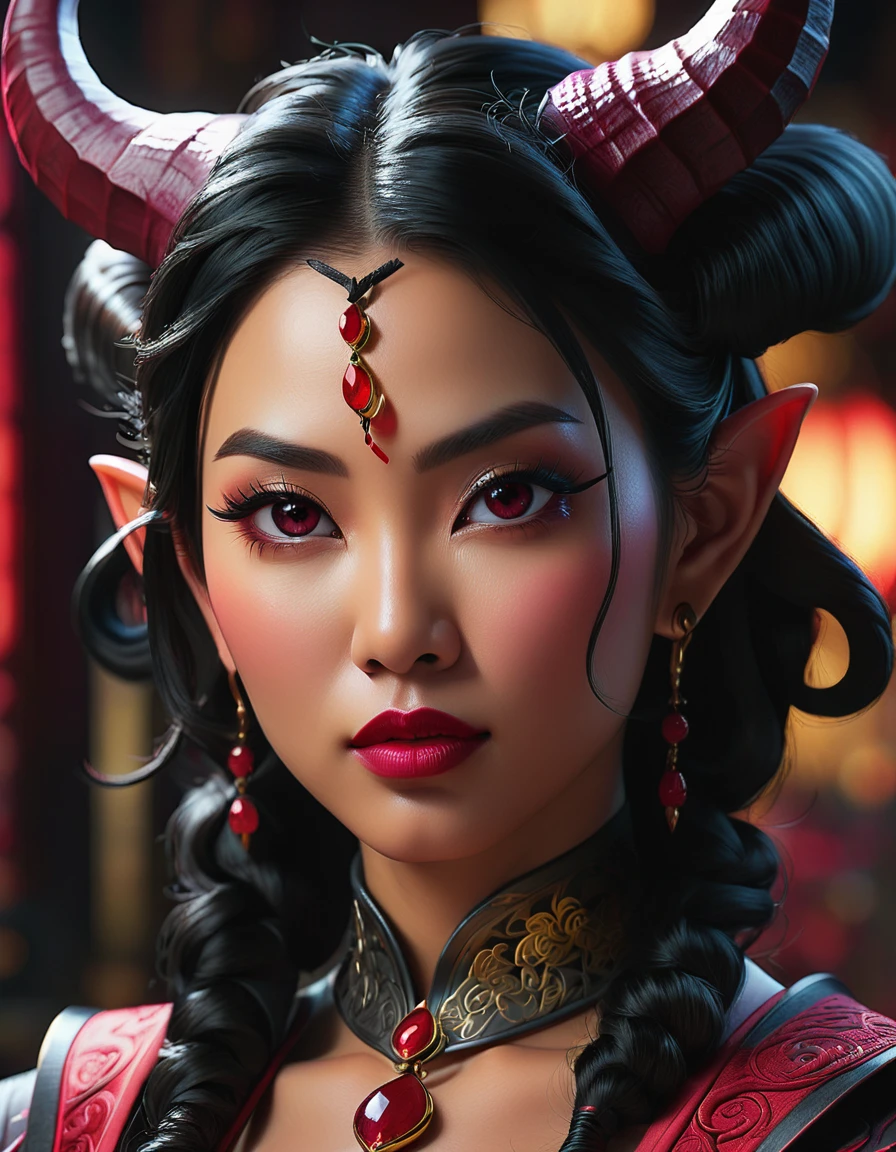 a beautiful busty asian tiefling woman, intricate detailed portrait, flawless skin, obsidian ruby eyes, long eyelashes, full lips, delicate facial features, horns, fantasy character, digital painting, octane render, hyper realistic, 8k, photorealistic, cinematic lighting, dramatic colors, chiaroscuro, dramatic pose
