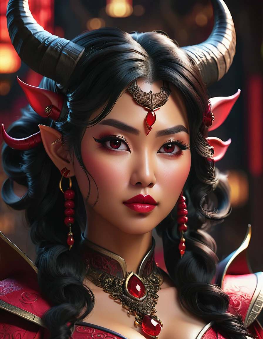 a beautiful busty asian tiefling woman, intricate detailed portrait, flawless skin, obsidian ruby eyes, long eyelashes, full lips, delicate facial features, horns, fantasy character, digital painting, octane render, hyper realistic, 8k, photorealistic, cinematic lighting, dramatic colors, chiaroscuro, dramatic pose