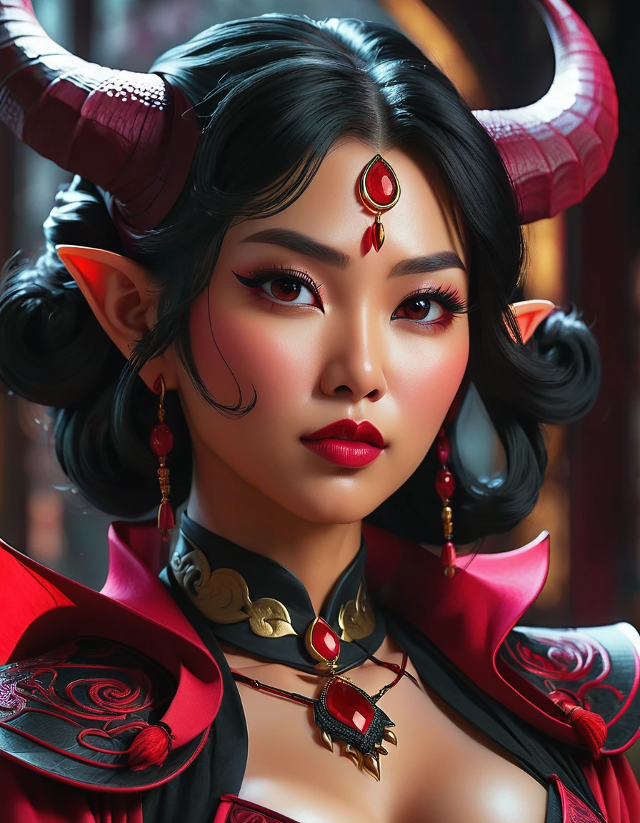 a beautiful busty asian tiefling woman, intricate detailed portrait, flawless skin, obsidian ruby eyes, long eyelashes, full lips, delicate facial features, horns, fantasy character, digital painting, octane render, hyper realistic, 8k, photorealistic, cinematic lighting, dramatic colors, chiaroscuro, dramatic pose