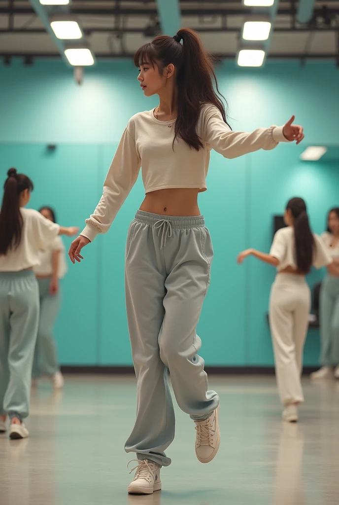 A kpop female artist dancing in a practice room with hair in ponytail wearing crop tshirt and sweat pants dancing full length