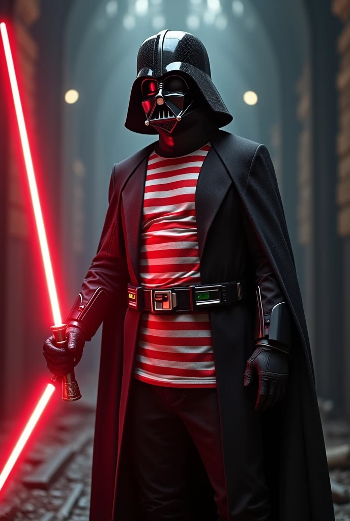 Darth Vader with a red and white striped shirt with a lightsaber