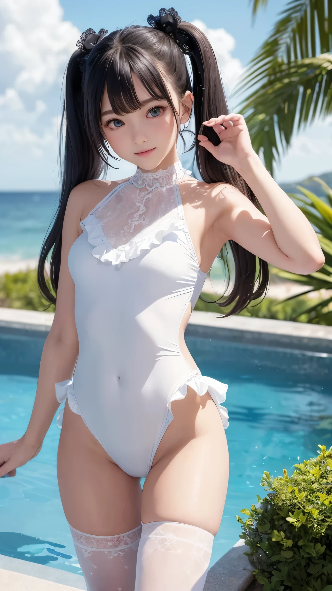 ((masterpiece)), ((highest quality、Ultra high definition)), (Very detailed),8k、Photo quality、((Amazingly cute girl)),)), Two people, , (Beautiful emerald blue eyes), (smile、Small breasts),In the open-air bath overlooking the sea, Beautifully arranged black hair in twin tails、Slim Body、(((Cute swimsuit with lace and frills)))、Professional Lighting、(White lace knee-highore detailed and beautiful)、(More details and cutenesore realistic)、((Just wear light clothing))、Frolic in the pool、((unbelievably cute))、((A cute pose))、((Front and back view))、