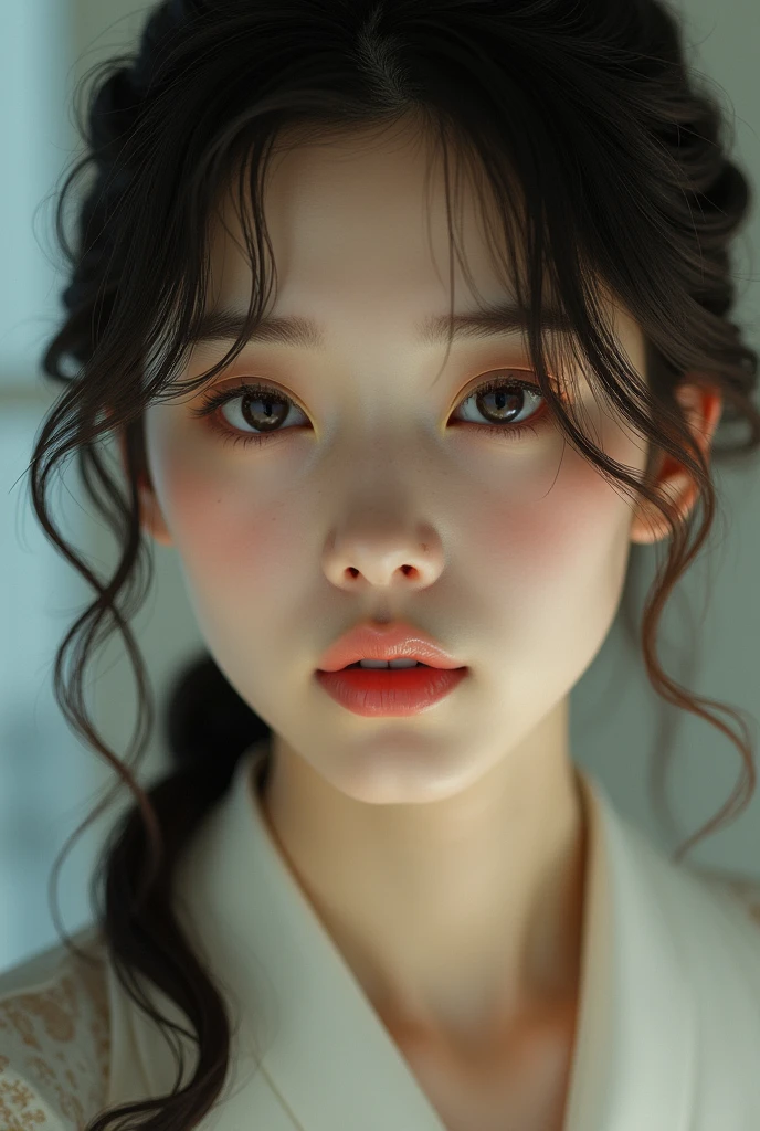 An elegantly dressed Japanese woman in natural light、A close-up of her chest and calm expression.、It shows her inner peace and outer charm.。