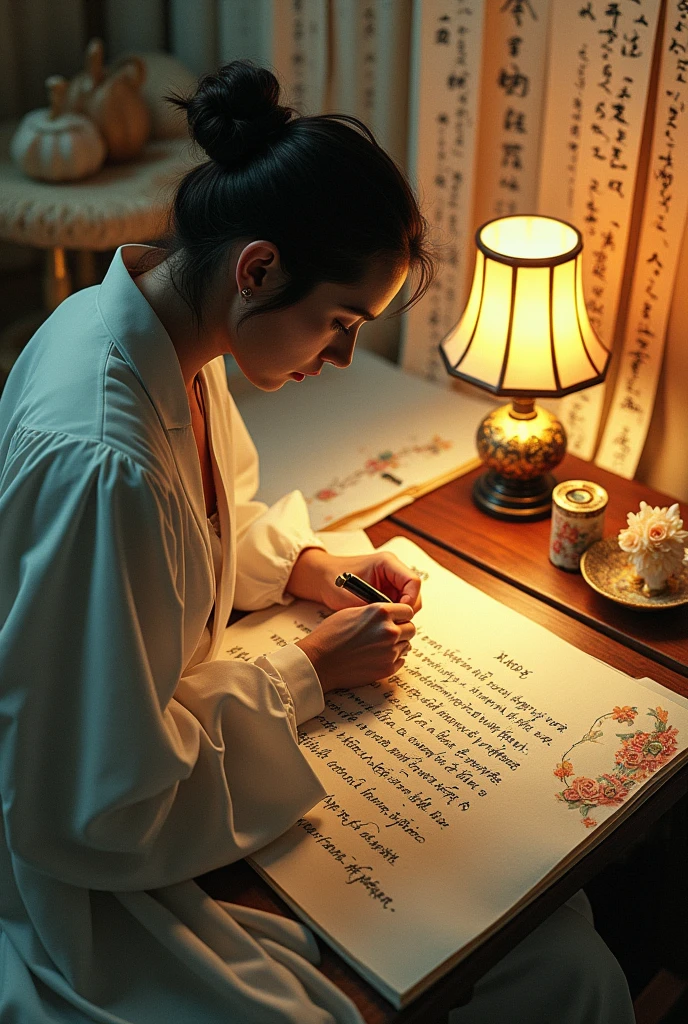 pause, Three-dimensional ancient style, Rolled up rice paper covered with calligraphy, Concept Design, Clothes decide to flutter, Macro Photography, Fiber Optic Paper Sculpture, High Angle Shot, Romantic ancient style, lamp, Surrealism, Chen Jialing, This is, veil, watercolor, Quiet atmosphere, rich, Excellent, Micro Rendering, Fine details, Night Flash, Fiber Optic Paper Sculpture, Backlight, Decorative illustrations, icon, Fluorescent Color, Big watery eyes, Anime Characters, This book is extremely complex, Legal Background, Center halo, Man writing calligraphy, Neoclassicism, Surrealismism, Art Nouveau, Ultra HD, masterpiece, precise, Anatomically correct, Super Detail, 8K