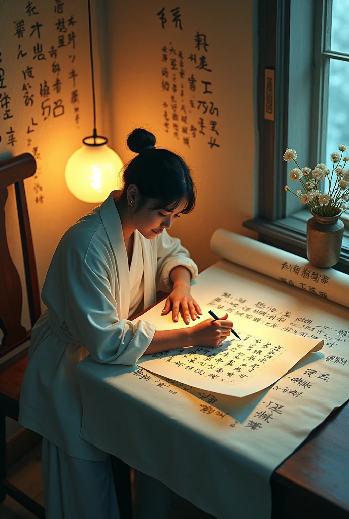 pause, Three-dimensional ancient style, Rolled up rice paper covered with calligraphy, Concept Design, Clothes decide to flutter, Macro Photography, Fiber Optic Paper Sculpture, High Angle Shot, Romantic ancient style, lamp, Surrealism, Chen Jialing, This is, veil, watercolor, Quiet atmosphere, rich, Excellent, Micro Rendering, Fine details, Night Flash, Fiber Optic Paper Sculpture, Backlight, Decorative illustrations, icon, Fluorescent Color, Big watery eyes, Anime Characters, This book is extremely complex, Legal Background, Center halo, Man writing calligraphy, Neoclassicism, Surrealismism, Art Nouveau, Ultra HD, masterpiece, precise, Anatomically correct, Super Detail, 8K