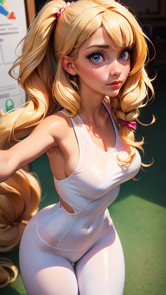 (((hyperrealistic))), (illustration), (((high resolution 32k))), (((32k))), (((extremely detailed))), (best illustration), (cute detailed eyes), (((best quality))), (((hyper detailed))), (artwork), (wallpaper), (((detailed face))), 1 girl, white wavy hair, Korean, heterochromatic eyes, small spots on eyes, loose white shirt, yoga pants, broad shoulders, long legs, tight abdomen, camel crotch, dynamic pose, (((showing the signs of clothing))), (((hyper detailed clothing))), (((highlighted colors))),