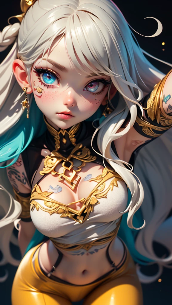 (((hyperrealistic))), (illustration), (((high resolution 32k))), (((32k))), (((extremely detailed))), (best illustration), (cute detailed eyes), (((best quality))), (((hyper detailed))), (artwork), (wallpaper), (((detailed face))), 1 girl, white wavy hair, Korean, heterochromatic eyes, small spots on eyes, loose white shirt, yoga pants, broad shoulders, long legs, tight abdomen, camel crotch, dynamic pose, (((showing the signs of clothing))), (((hyper detailed clothing))), (((highlighted colors))),