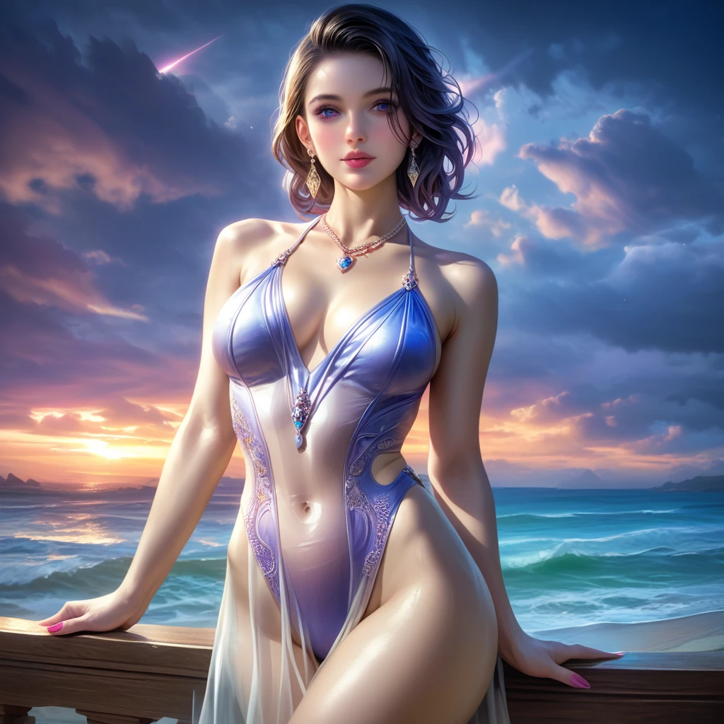 score_9, score_8_superior, score_7_superior, A masterpiece in 32K resolution,Highest quality,it is really amazing,Very detailed,Ultra-high resolution,Ultra-realistic,Realistic,Increased depth of field,Cinematic lighting,
Elegant mature Japanese woman,
black straight medium hair,Ultra-detailed and beautiful face,Calm expression,Translucent white skin,Realistic skin texture,Great proportions,
Sexy high leg dress swimsuit,
Luxurious design,Chic color patterns,Beautifully detailed decoration,Detailed fabric texture,
Gorgeous necklace,Earrings,
Dark skies before the storm,Dark clouds covering the dark sky,Thunderclouds rolling in,Coastline at night,Stormy seas,delay々A desolate sandy beach that continues,
Dramatic Angle,