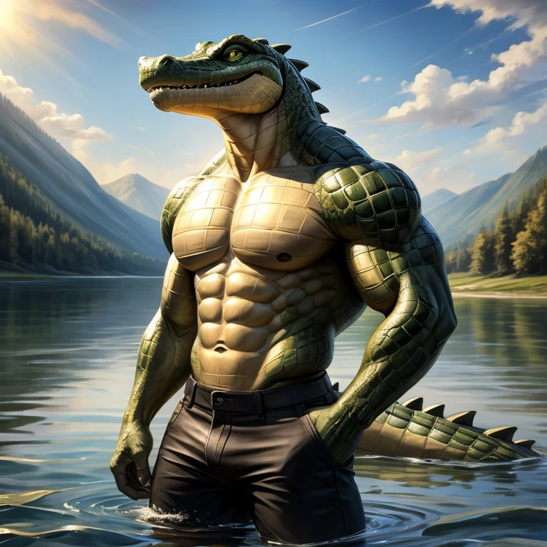 Masterpiece, best quality, high quality, 1realistic male anthro alligator, Solo, Highest quality, has Green aligator eyes, wears a Black sport jeans, Muscular build, slim body, abs, detailed scales, happy expression, in the lake, standing, sunny day