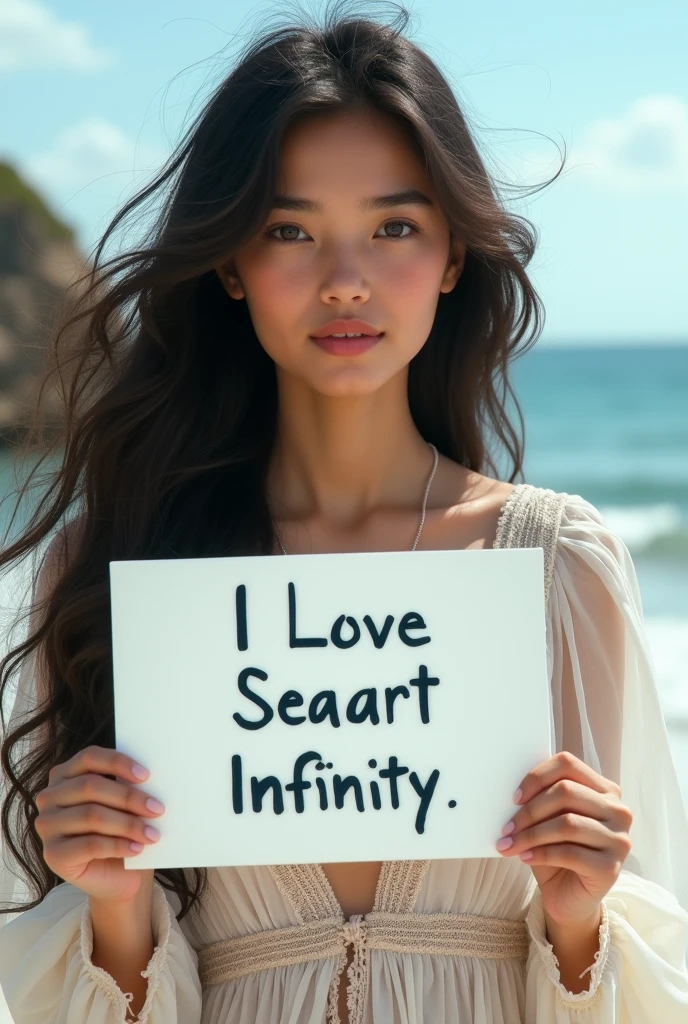 Beautiful girl with wavy long hair, bohemian dress, holding a white board with text "I Love Seaart Infinity" and showing it to the viewer