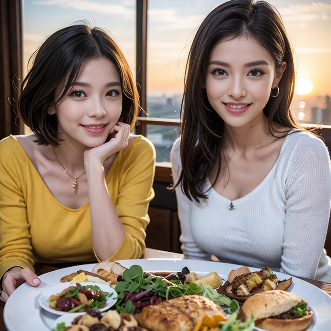 （Realistic:1.1）,(masterpiece,Highest quality)，8k,(49 years old), 53 years old, ベリーslimボディ、slimカップル、Tight waist,Upper Body,full-course dinner、wine 、Amazing view of the sunset sky and clouds、Perfect Anatomy, Brown Hair, short hair,Random Hairstyles,((Highly detailed face and eyes:1.2))，Perfect golden ratio face，Long sleeve shirt、dress,(smile:1.2)、Shortcuts、cute、(Realistic, Intricate details:1.2), A bright smile、short hair,Bright Face、赤wine 、Appetizers、Italian food、wine bottle、Champagne、スパークリングwine、(slimな顔), (The body is slim), (Brown Hair), (Shortcuts),  Upper Body, 白wine, slim, wineグラス, 