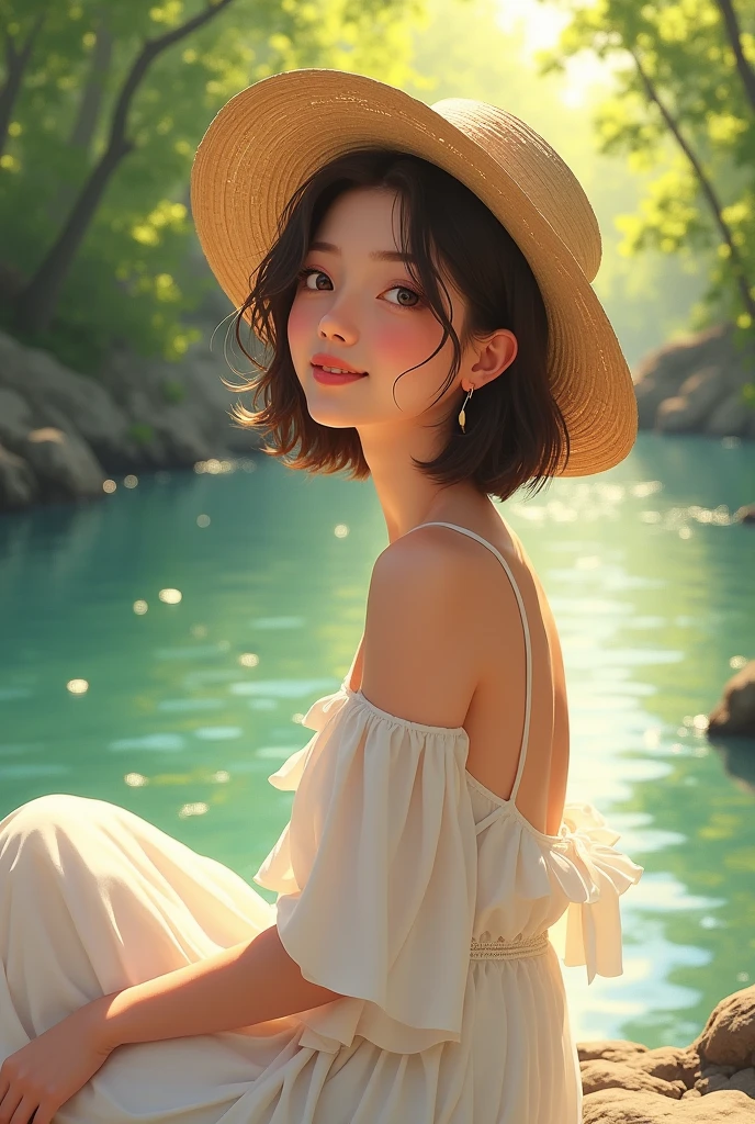 A  with sun-kissed skin, wearing a white dress and a straw hat, sits by the riverbank, looking up and smiling with her very short hair.