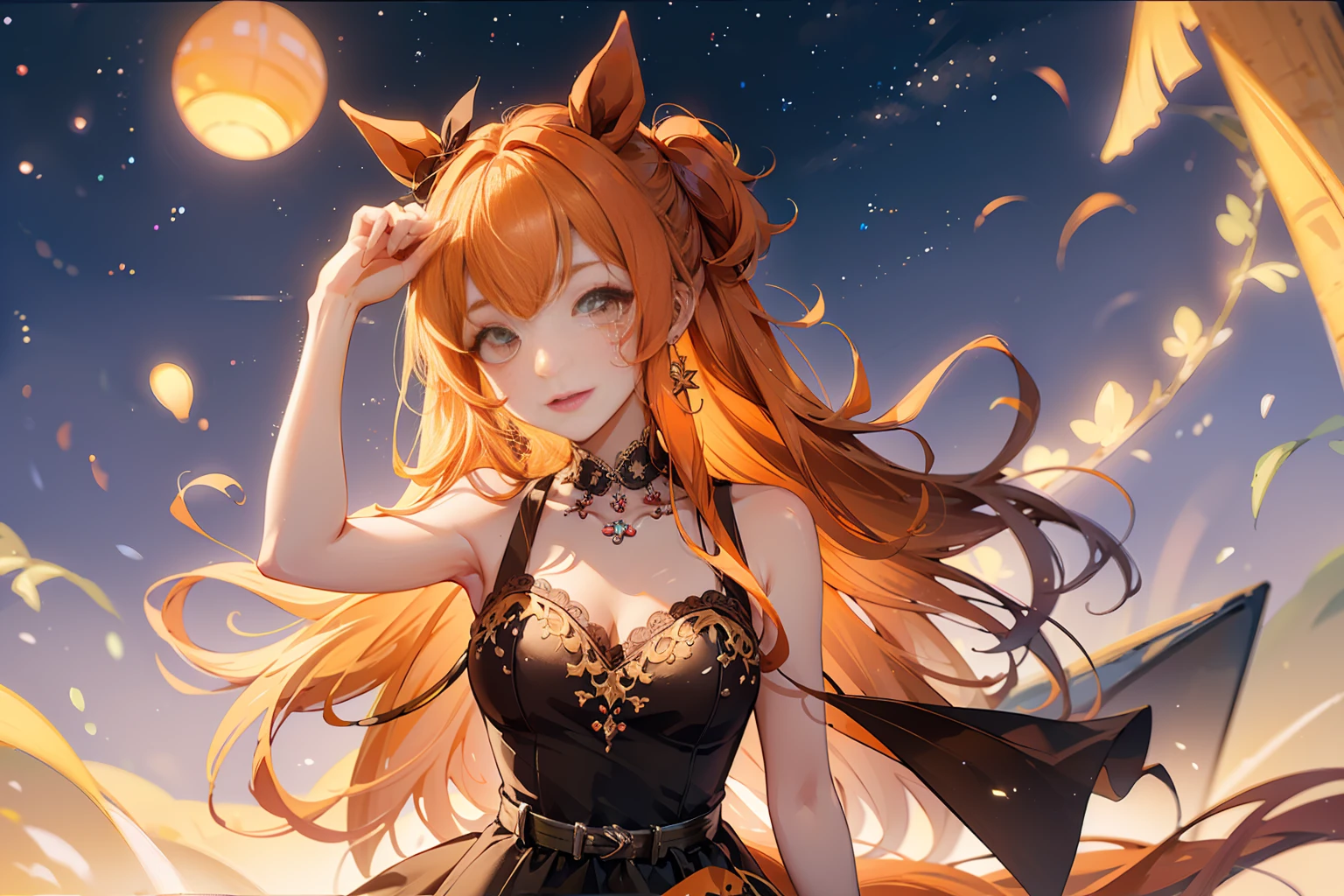 orange hair,hot pants,(((sexuell)))、One Horse Beautiful Girl、Crying Mole、Mole on the mouth、Gummy Smile、Hands behind your head、Prone、Beautiful breasts、Black Nightgown、High ponytail、dusk、super high quality、Final Resolution、Best assembly、Correct body structure、High angle、From the knee up