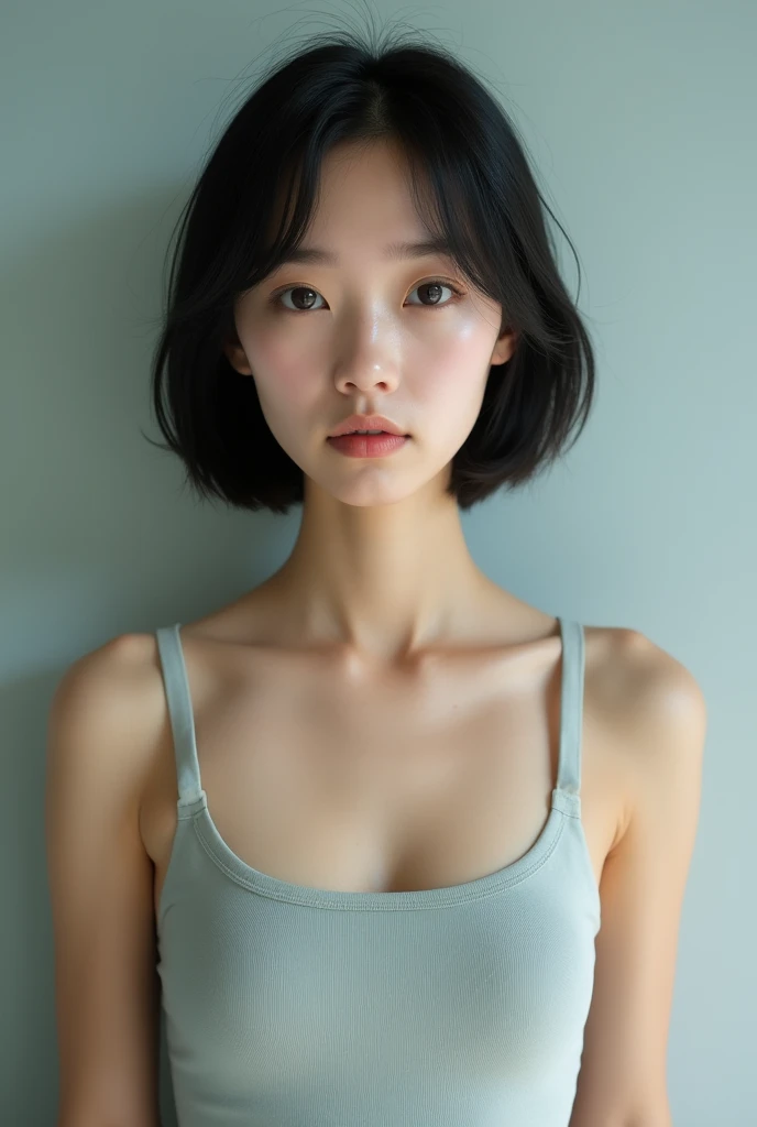Japanese woman, short hair, streight face showing no emotion, looking into camera, tank top, no bra, standing streight, frontal view, highly detailed face, high resolution, no make-up, photorealistic