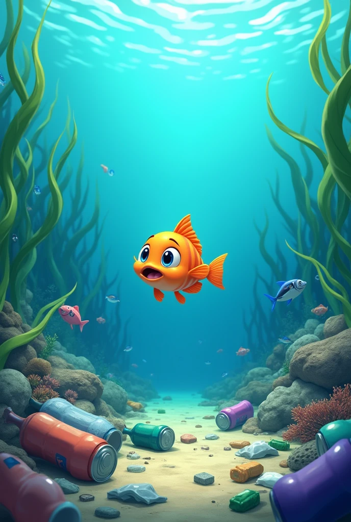 anime,In the sea,There is trash on the ground,A small fish finds trash,Surprised face