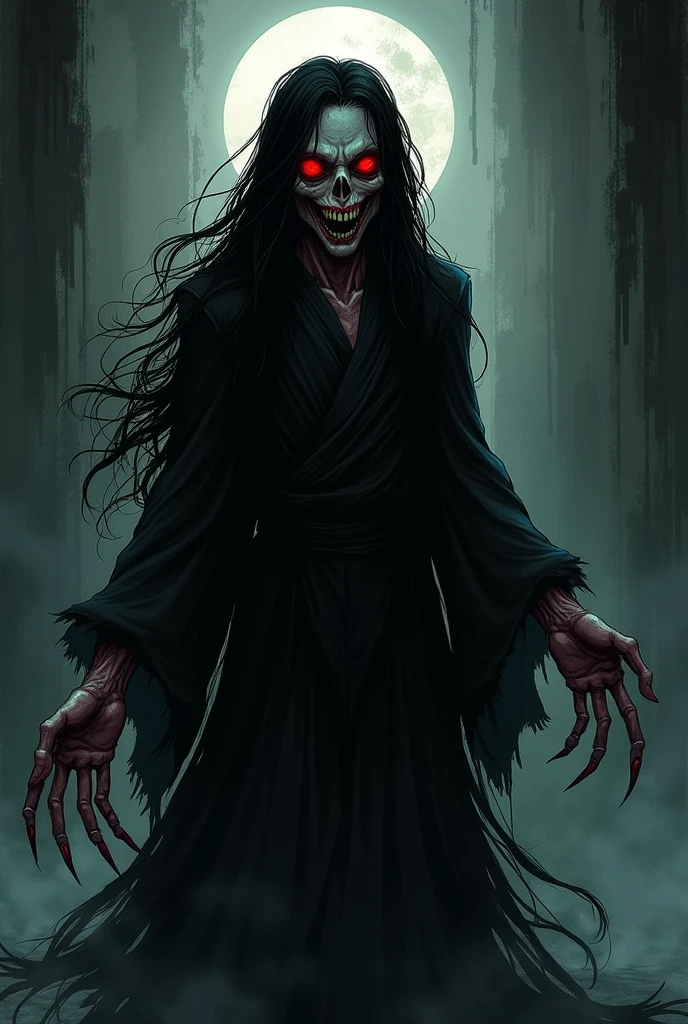 Create a creepy image of a yokai in the style of manga artist 御茶漬海苔. The yokai is a dark dancer with an old dancer's outfit, glowing red eyes, long black hair, sharp claws, a creepy laugh, a body shrouded in darkness, and a black aura. The background is a darkened stage, emphasizing shadows and a haunting atmosphere.