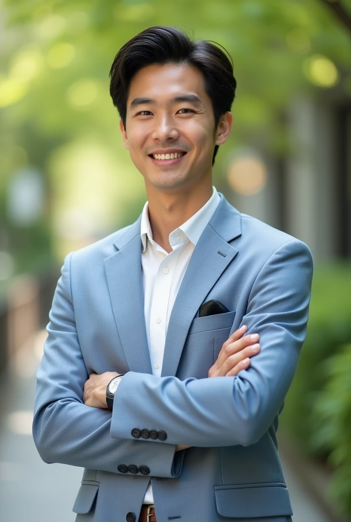 Japanese people seem to be kind.、Please draw a handsome man in his late 20s with refreshing double eyelids and a smile, with a background like a photograph, from a distance so that his whole body is visible.
