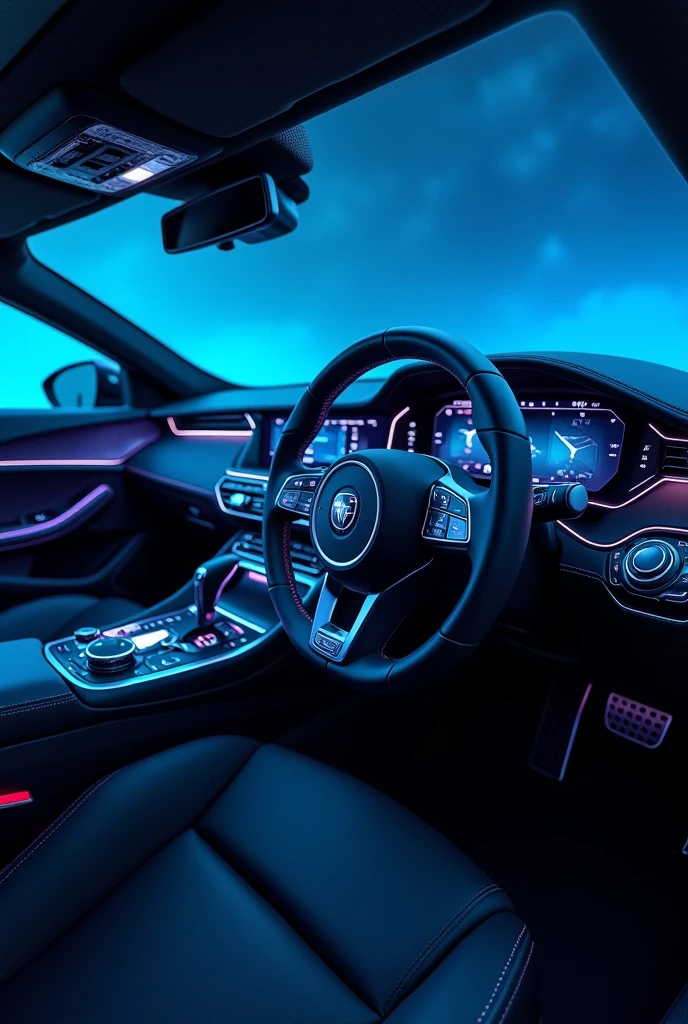 高度详细的Car interior，Car steering wheel，Car interior，Future Technology，science and technology感十足，science and technology风格，science and technology，laser，blue, Reality, light, Dynamic poses, Theatrical atmosphere, Vibrant colors, Volumetric Lighting, Stunning 8K quality