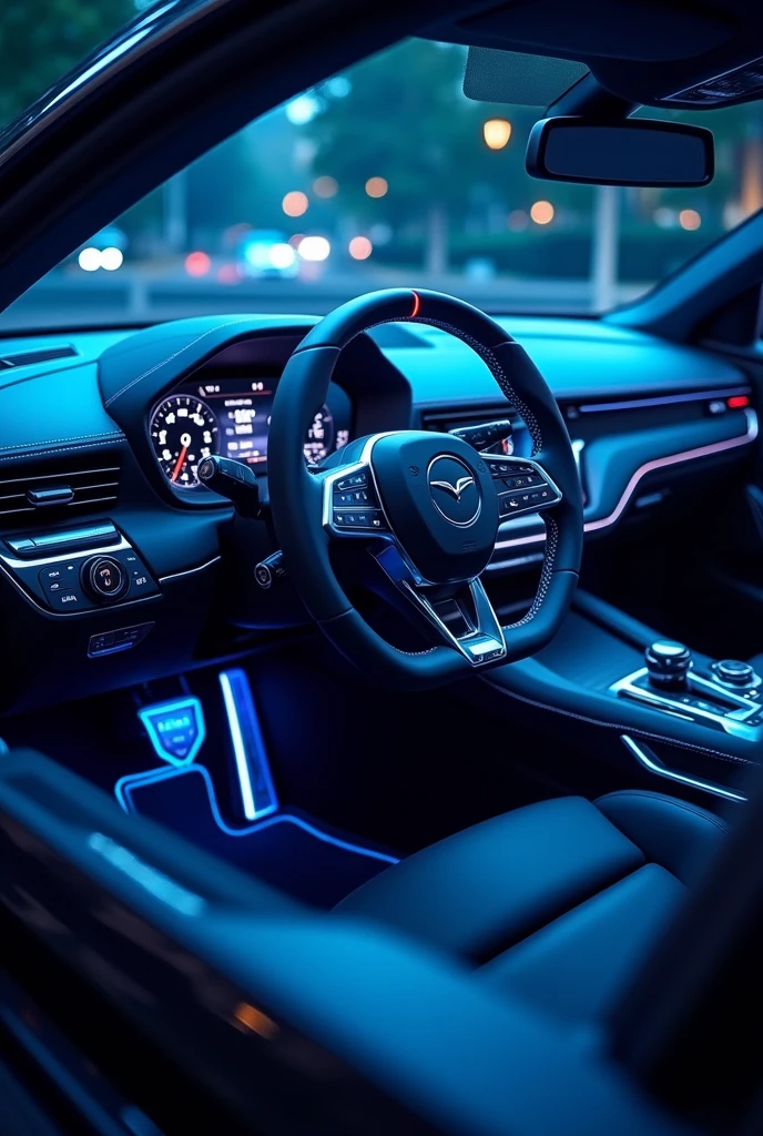 高度详细的Car interior，Car steering wheel，Car interior，Future Technology，science and technology感十足，science and technology风格，science and technology，laser，blue, Reality, light, Dynamic poses, Theatrical atmosphere, Vibrant colors, Volumetric Lighting, Stunning 8K quality