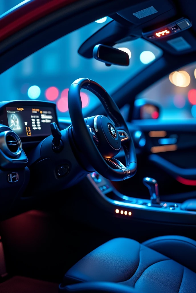 高度详细的Car interior，Car steering wheel，Car interior，Future Technology，science and technology感十足，science and technology风格，science and technology，laser，blue, Reality, light, Dynamic poses, Theatrical atmosphere, Vibrant colors, Volumetric Lighting, Stunning 8K quality