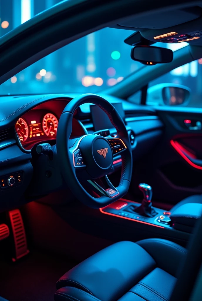 高度详细的Car interior,Car steering wheel,Car interior,Future Technology,science and technology感十足,science and technology风格,science and technology,laser,blue, Reality, light, Dynamic poses, Theatrical atmosphere, Vibrant colors, Volumetric Lighting, Stunning 8K quality