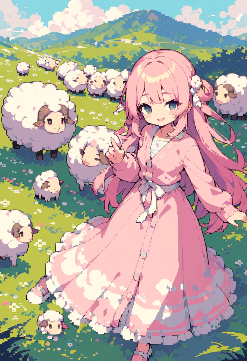 masterpiece, Highest quality, 8k, Pixel art, Pixel art, Vivid, woman, 若いwoman, smile, cute, Directed at an angle, Open your mouth, Fluffy hair, Long Hair, sheepの毛のような髪, Pink Hair, eyebrow, 太いeyebrow, one piece, Pink clothes, Long skirt, cardigan, 水色のcardigan, shoes, 茶色いshoes, grassland, sheep, もこもこのsheep, 大きいsheep, sheepの群れ, sheepに乗っている,