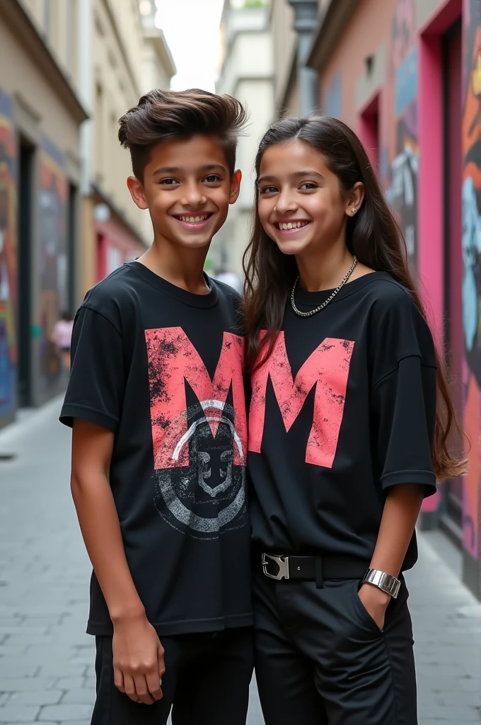 Generate a couple photo featuring a boy and a girl. The boy, G, is wearing a shirt with a bold, stylish design, while the girl, M, is dressed in a fashionable outfit with the word "M" prominently displayed on her clothing. They are posed together in an urban setting, perhaps against a vibrant street mural or an elegant cityscape background. The image should capture their chemistry and playful interaction, with both of them smiling and enjoying each other’s company. The overall mood should be modern and lively, reflecting their connection and contemporary style.