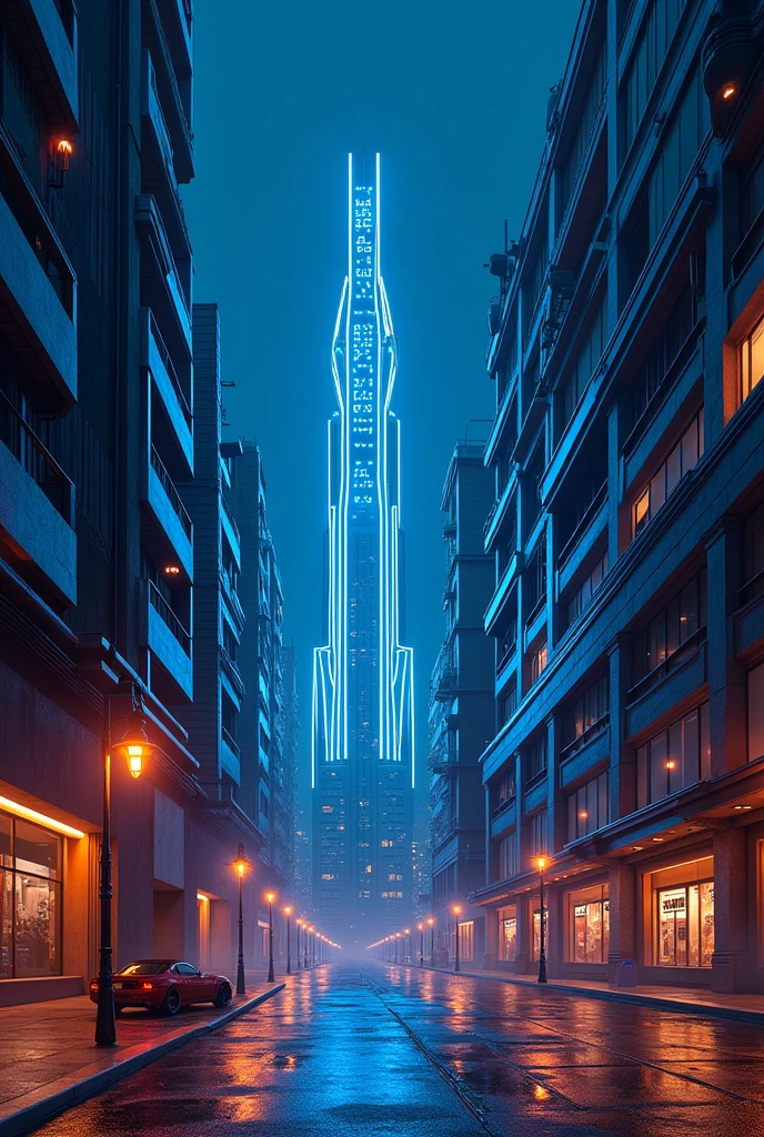 art deco design,urban buildings,streamline moderne,futuristic architecture, Abstraction,modern style,Luxury and Luxury,Future night view,Futuristic decorative elements,Metallic,number line,sci-fi lamp,Virtual Engine,Unreal rendering,blue lights, neon lights, apartment buildings, narrow streets