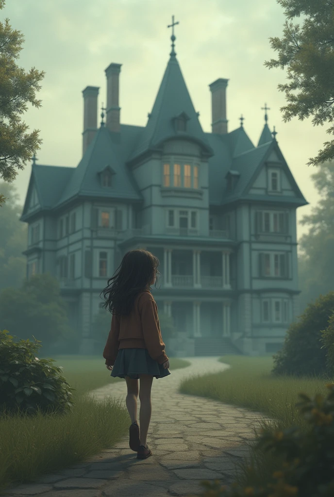 A girl looking back at her big house walking away from it with emotions