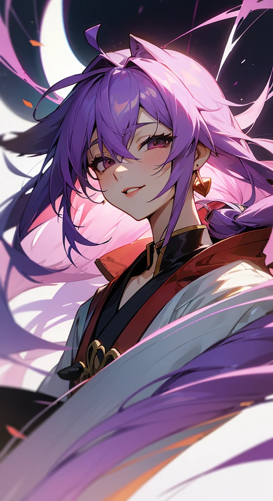 transparent image,Character portrait,Long Hair, Purple Hair, Ahoge, 複数のAhoge, expressive hair, chest, Earrings, Open your eyes, Red lips, smile, Character portrait, Fox Mask, anime風, anime, 