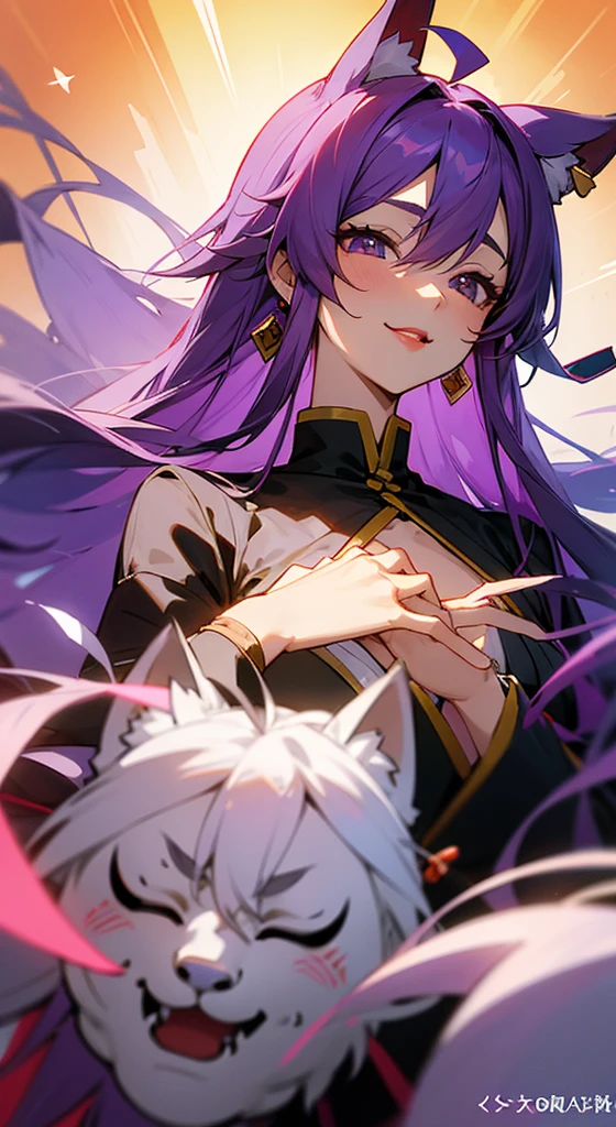 transparent image,Character portrait,Long Hair, Purple Hair, Ahoge, 複数のAhoge, expressive hair, chest, Earrings, Open your eyes, Red lips, smile, Character portrait, Fox Mask, anime風, anime, 