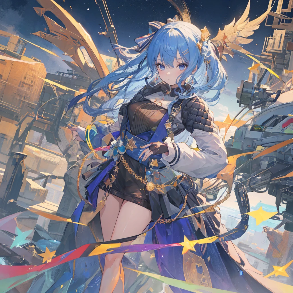((masterpiece, best quality)),illustration,Super Fine 8k,Reality,Clear focus,Very detailed,Professional lighting,Colorful Detailed,Extremely long shot of the rainbow-colored BREAK factory,Large machinery construction,Microchip,,Luminescence,Intricate details,Shitu-mecha,1 girl standing in front of the audience,Umbilical cord