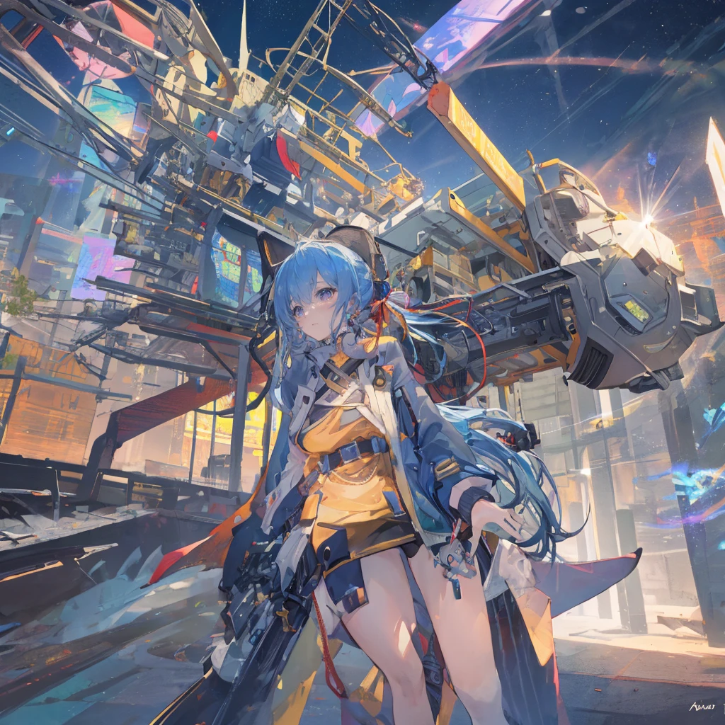 ((masterpiece, best quality)),illustration,Super Fine 8k,Reality,Clear focus,Very detailed,Professional lighting,Colorful Detailed,Extremely long shot of the rainbow-colored BREAK factory,Large machinery construction,Microchip,,Luminescence,Intricate details,Shitu-mecha,1 girl standing in front of the audience,Umbilical cord