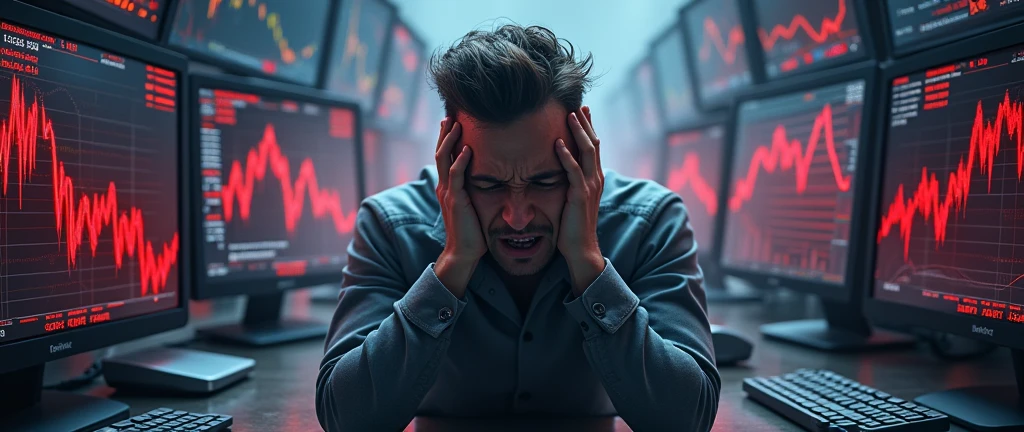 stressed stock exchange trader, overwhelmed and distraught, struggling to comprehend a sudden stock market collapse, surrounded by screens displaying plummeting red graphs and negative ticker information, financial crisis concept vividly portrayed with a stock broker in despair, intense focus on the emotion of shock and frustration, dark and tense atmosphere with harsh lighting emphasizing the urgency and severity of the situation, real-time data flashing in the background, capturing the chaos and anxiety of a market crash