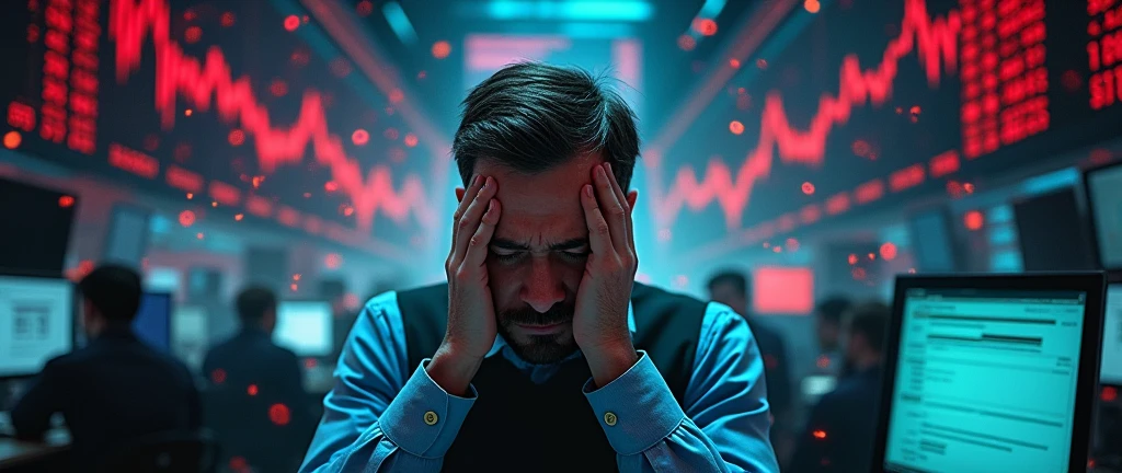 stressed stock exchange trader, overwhelmed and distraught, struggling to comprehend a sudden stock market collapse, surrounded by screens displaying plummeting red graphs and negative ticker information, financial crisis concept vividly portrayed with a stock broker in despair, intense focus on the emotion of shock and frustration, dark and tense atmosphere with harsh lighting emphasizing the urgency and severity of the situation, real-time data flashing in the background, capturing the chaos and anxiety of a market crash