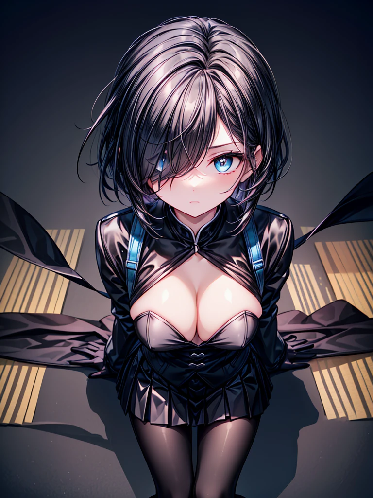 ((Oriental Project)),((masterpiece)),((Highest quality)),((Fascinating)),((alone)),((Deep blue pupils)),((Beautiful Blue Eyes)),((Wearing a black coat)),((Wearing a black mini skirt,She is wearing black tights under her skirt)),((Slim body)),((View from above)),((length, Shiny black hair)),((Her left eye is completely hidden by her bangs)),((Her hair is parted, and you can see her eyes through it)),((Wearing black gloves)),((hair over one eye)),((Ruthless)),((Complex background)),((overwhelmingly strong))